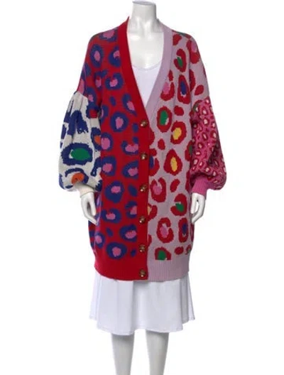 Pre-owned Farm Rio Animal Print V-neck Sweater In Red