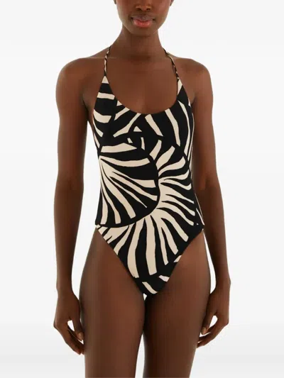 Farm Rio Animal-print Shell-detail Swimsuit In Black