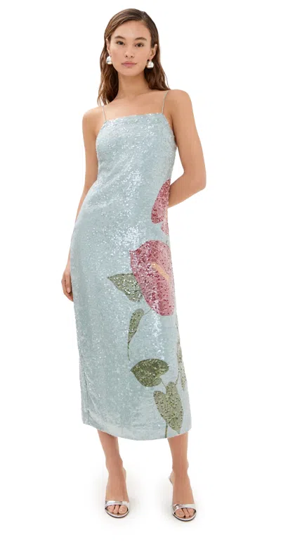Farm Rio Anthurium Flowers Sequined Slip Dress In Anthurium Flowers Blue
