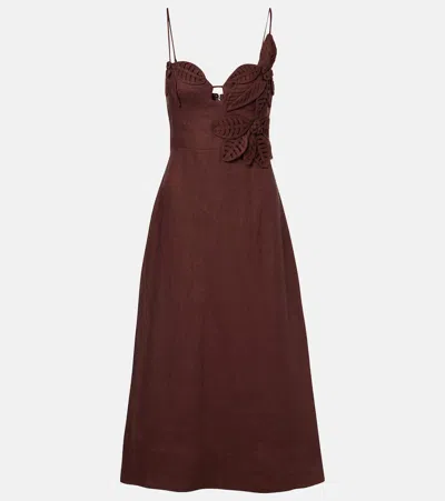 Farm Rio Appliqué Linen Midi Dress In Brown