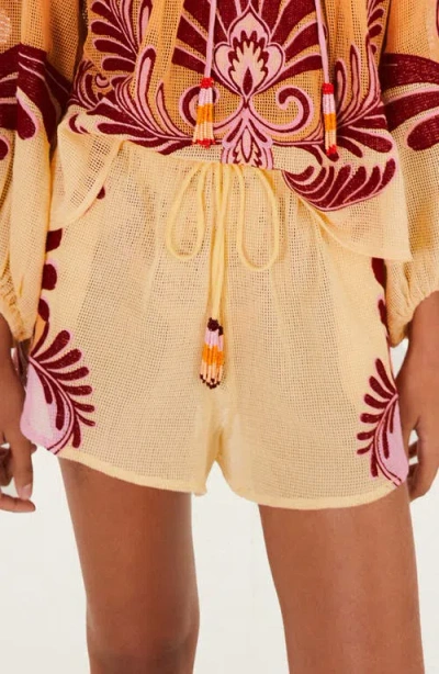 Farm Rio Floral Embroidered Scalloped Shorts In Yellow