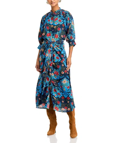 Farm Rio Arabesque Floral Tie Front Dress In Arabesque Floral Blue