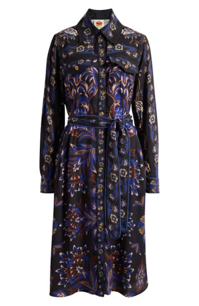 Farm Rio Arabesque Mix Scarves Long Sleeve Tie Belt Shirtdress In Black