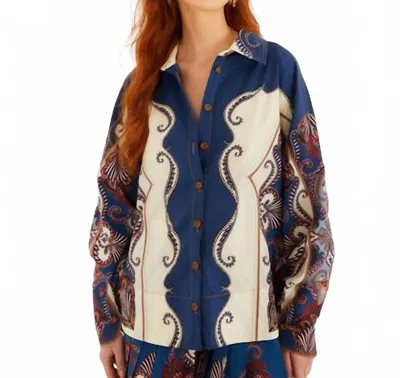 Farm Rio Arabesque Scarf Collared Organic Cotton Shirt In Multicolor In Blue