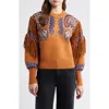 Farm Rio Arabesque Scarf Fringe Knit Sweater In Brown