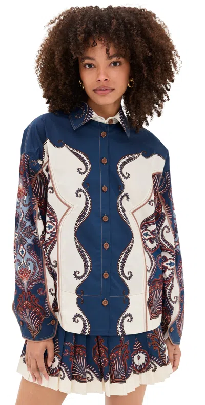 Farm Rio Arabesque Scarf Sand Long Sleeve Shirt Arabesque Scarf Sand In Blue