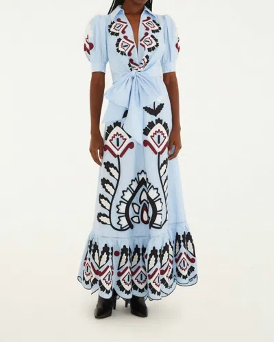 Farm Rio Blue Artisanal Embroidered Lace Front Bow Maxi Dress In Gray