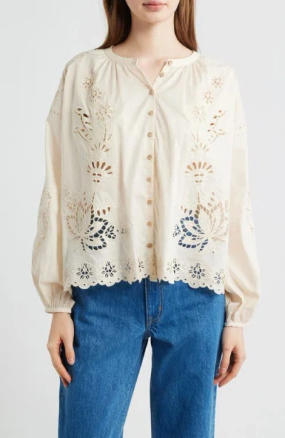 Farm Rio Artisanal Embroidered Eyelet Cotton Button-up Shirt In Gray