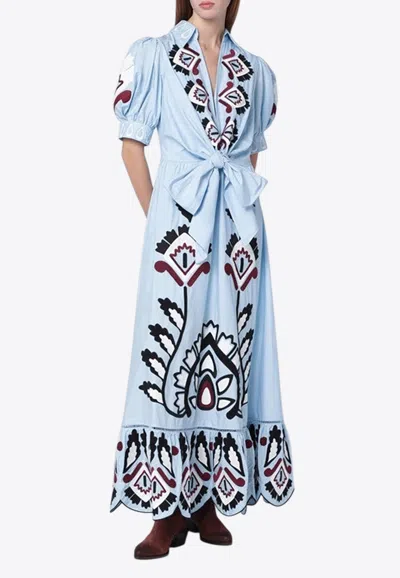 Farm Rio Blue Artisanal Embroidered Lace Front Bow Maxi Dress In Gray