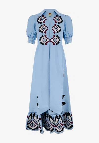 Farm Rio Artisanal Embroidered Maxi Dress In Blue
