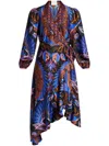 Farm Rio Asymmetric Printed Satin Midi Wrap Dress In Purple