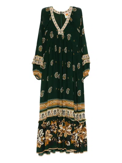 Farm Rio Ayla Green Maxi Dress With All-over Floral Motif In Viscose Woman