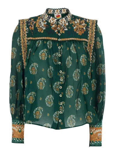 Farm Rio Ayla Green Blouse With All-over Floral Motif And Buttoned Cuffs In Cotton Woman