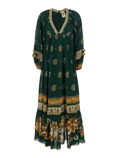 Farm Rio Ayla Green Long Dress With All-over Floral Motif In Viscose For Women In Multi