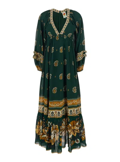 Farm Rio Ayla Green Maxi Dress With All-over Floral Motif In Viscose Woman