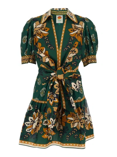 Farm Rio Ayla Green Mini Dress With All-over Floral Motif And Bow On The Front In Cotton Woman