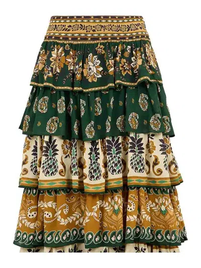 Farm Rio Ayla Green Mixed Scarves Ruffled Maxi Skirt
