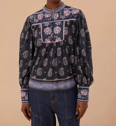 Farm Rio Ayla Long Sleeve Blouse In Ayla Blue In Multi