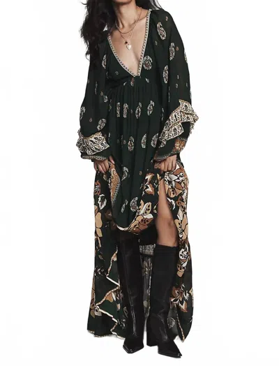 Farm Rio Ayla Long Sleeve Ruffled Maxi Dress In Green In Multi