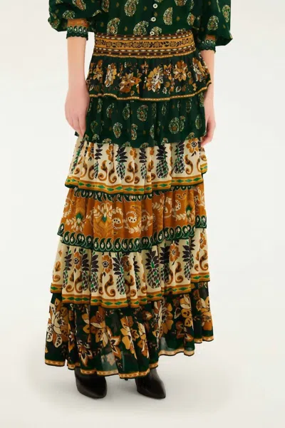 Farm Rio Ayla Mixed Scarves Layered Maxi Skirt In Green In Multi