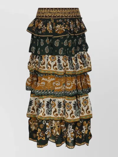Farm Rio Ayla Mixed Scarves Ruffled Maxi Skirt In Multi