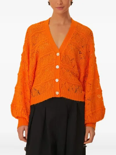 Farm Rio Balloon-sleeve Open-knit Cardigan In Orange