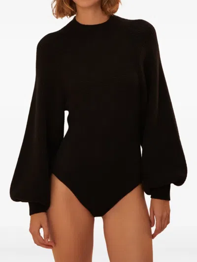 Farm Rio Balloon-sleeve Ribbed Top In Black