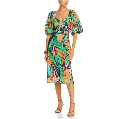 Farm Rio Banana Foliage Puffed Sleeve Midi Dress In Multi