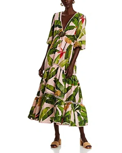 Farm Rio Banana Leaves Pink Tiered Dress In Green