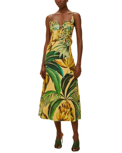 Farm Rio Bananart Yellow Flowered Bust Midi Dress In Green