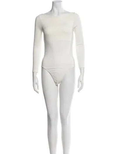 Pre-owned Farm Rio Bateau Neckline Long Sleeve Bodysuit In White
