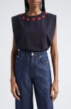 Farm Rio Bead Embellished Cotton Muscle T-shirt In Black