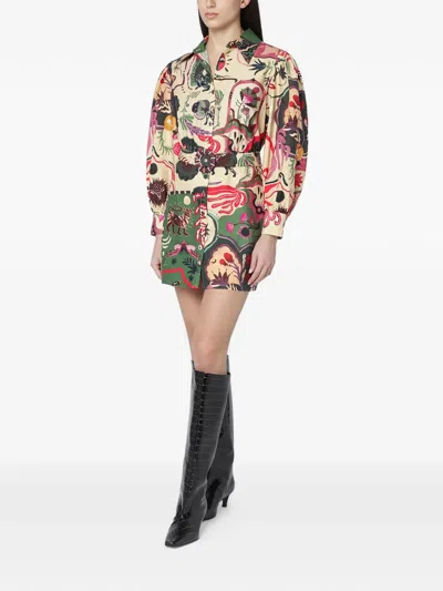 Farm Rio Beige Artsy Surreal Land Beaded Belt Organic Cotton Mini Dress In Yellow