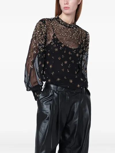 Farm Rio Black Embroidered Tulle Lined Blouse In Brown