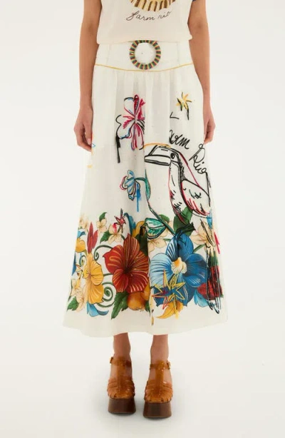 Farm Rio Beaded Floral Linen Maxi Skirt In White