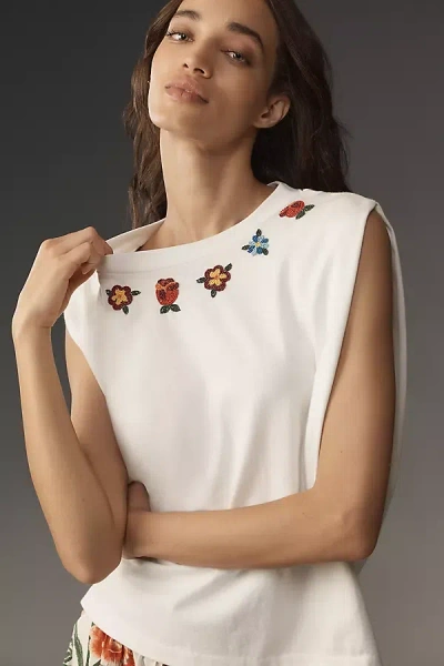 Farm Rio Beaded Flowers Muscle Tee In White