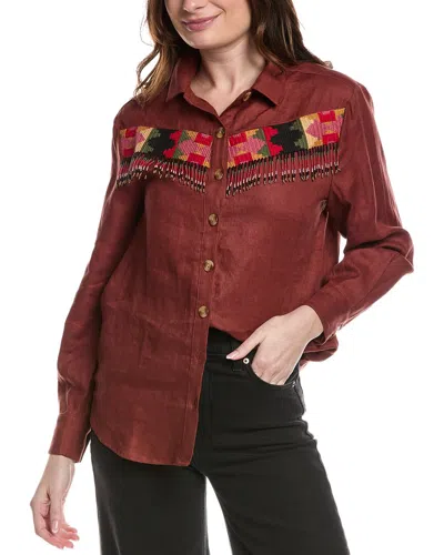 Farm Rio Beaded Fringe Linen Shirt In Brown