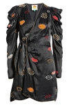 Farm Rio Beaded Kisses Wrap Minidress In Black