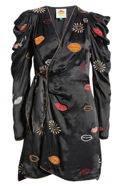 Farm Rio Beaded Kisses Wrap Minidress In Black