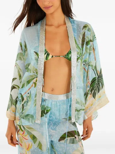Farm Rio Beaded-trim Tropical-print Kimono In Blue