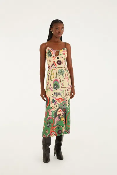 Farm Rio Beige Artsy Surreal Land Beaded Sleeveless Midi Dress In Multi
