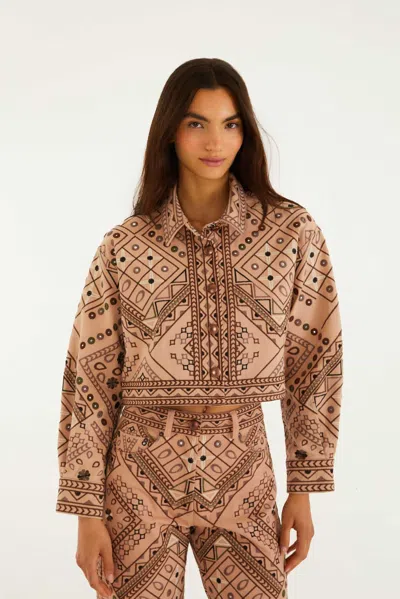 Farm Rio Beige Cosmopolitan Collared Crop Jacket In Pink