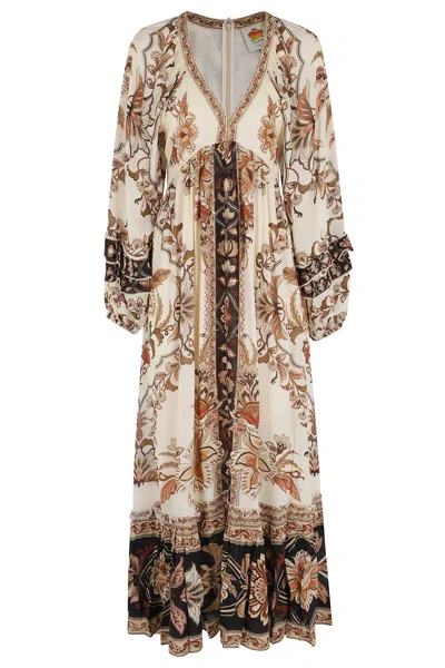 Farm Rio Beige Majestic Garden Sand V-neck Viscose Maxi Dress In Multi