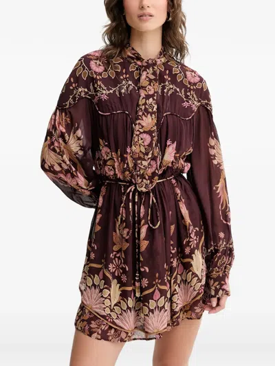 Farm Rio Burgundy Bella Knotted Neckline Mini Dress In Multi