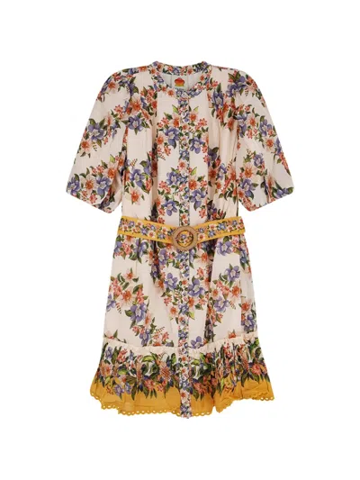Farm Rio Sand Hilo Belted Short-sleeve Mini Dress In Neutral