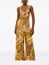 Farm Rio Belted Shirred Printed Linen-blend Jumpsuit In Yellow