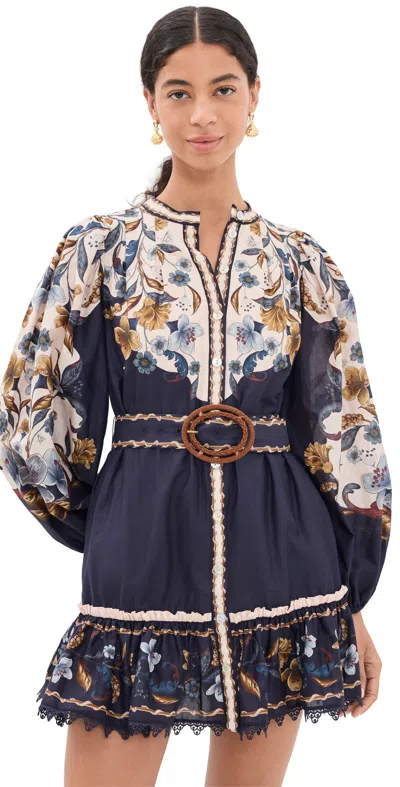 Farm Rio Womens Golden Nature Navy Blue Golden Nature Floral-print Crepe Mini Dress In Multi