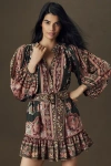 Farm Rio Belted Puff-sleeve Mini Dress In Brown