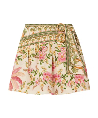Farm Rio Belted Wrap-effect Pleated Floral-print Linen Mini Skirt In Multi