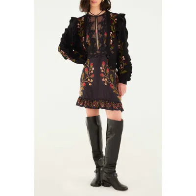Farm Rio Berry Embroidered Ruffle Cardigan In Black